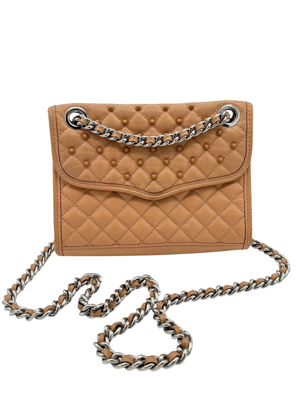Rebecca Minkoff Leather Crossbody Bag Womens Small Tan Quilted Studded Chain